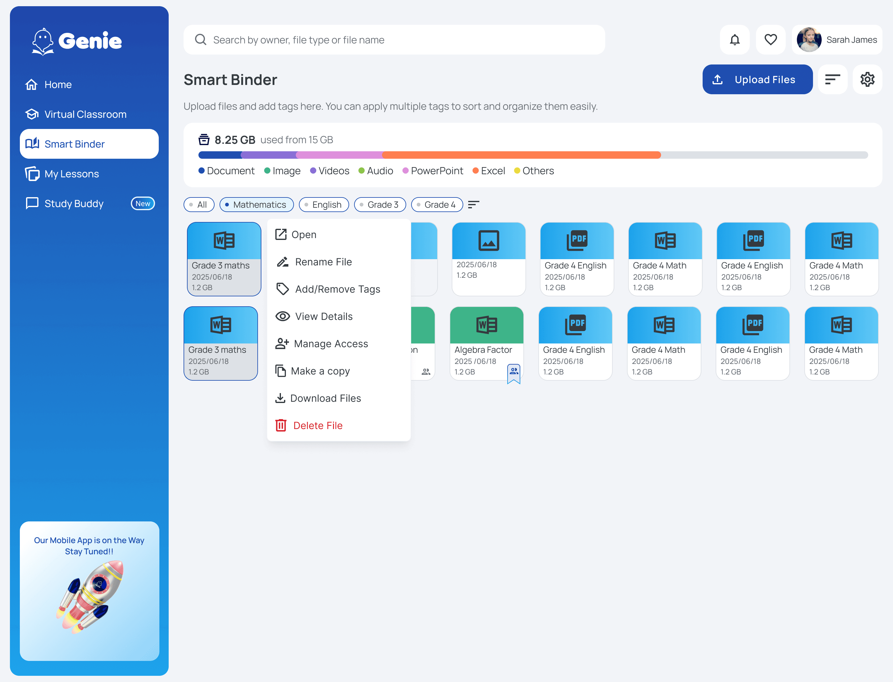 The Genie app — Smart Binder with lesson files organized by subject and grade